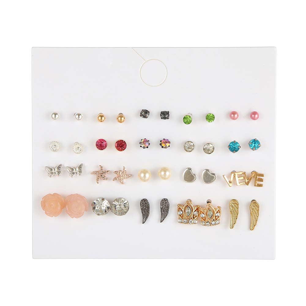 Vintage Geometric Butterfly Round Rhinestone and Pearl Plated Alloy Earring Set