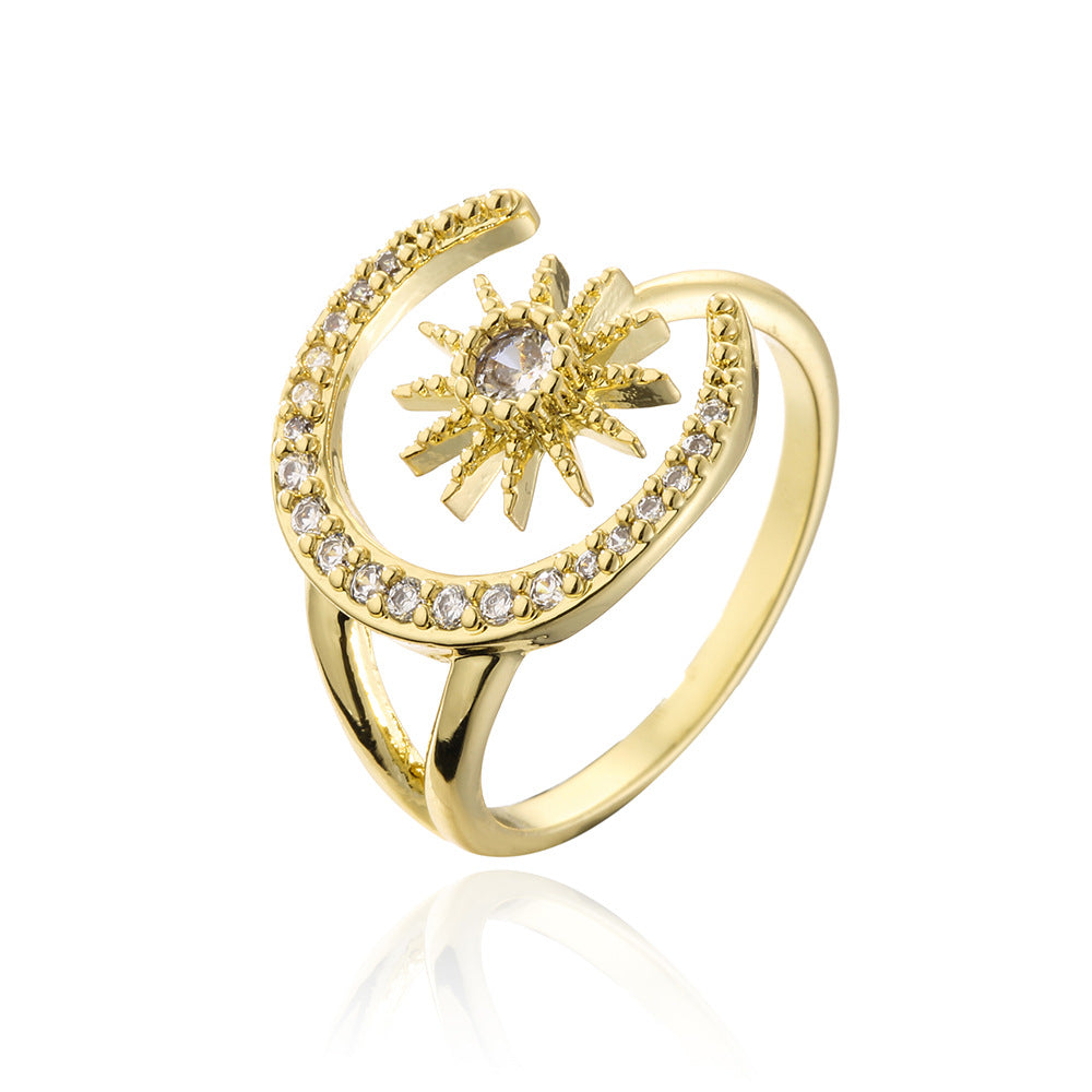 Anello aperto in stile europeo con stella e luna geometriche, placcato oro 18K su rame, zirconi micropavé, gioielli da donna
