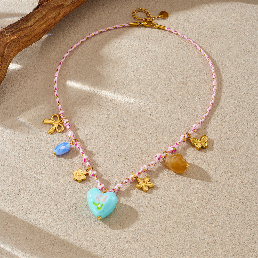 Sweet Heart Stainless Steel Drip Oil Floral Pendant Necklace for Women
