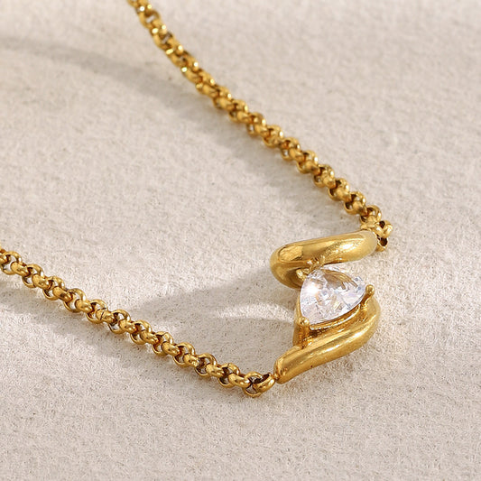 Minimalist Teardrop Pendant Necklace in Stainless Steel with 18K Gold Plating, Zircon and Round Pearl Accents on Standard Chain