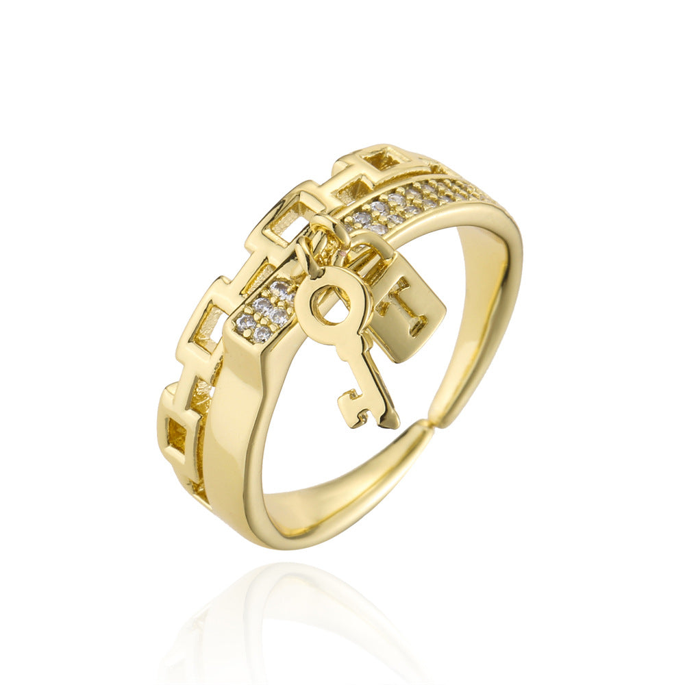Geometric Open Key Lock Ring for Women in Copper with 18K Gold Plating and Micro-Pave Zirconia