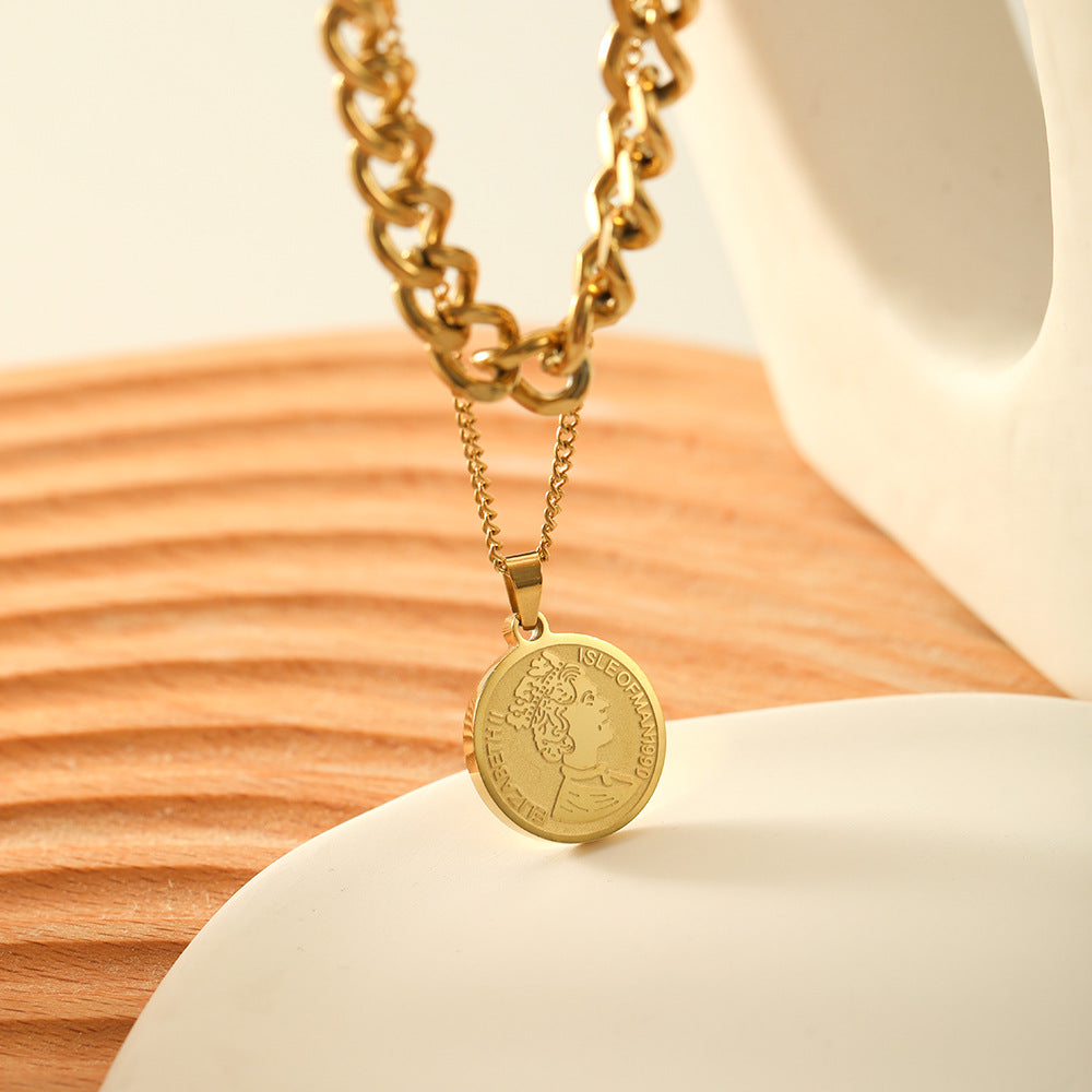 Minimalist Double-Layer Pendant Necklace with Circular Medallion Geometric Shape Titanium Steel Base and 18K Gold Plating for Women
