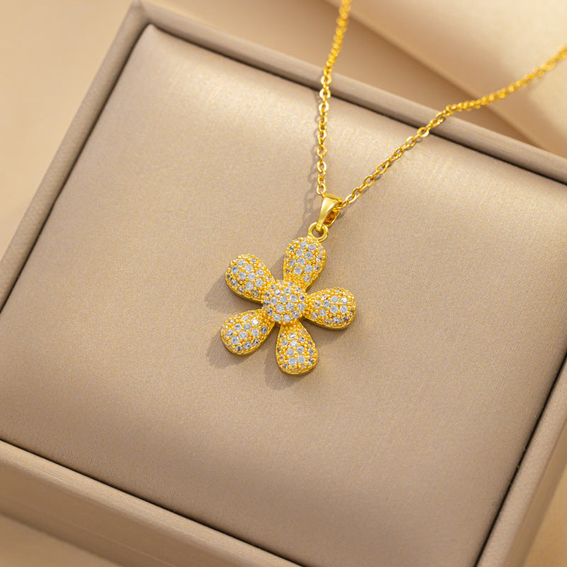 Collana minimalista con ciondolo a girasole da donna in acciaio al titanio con intarsio di strass e catena a O