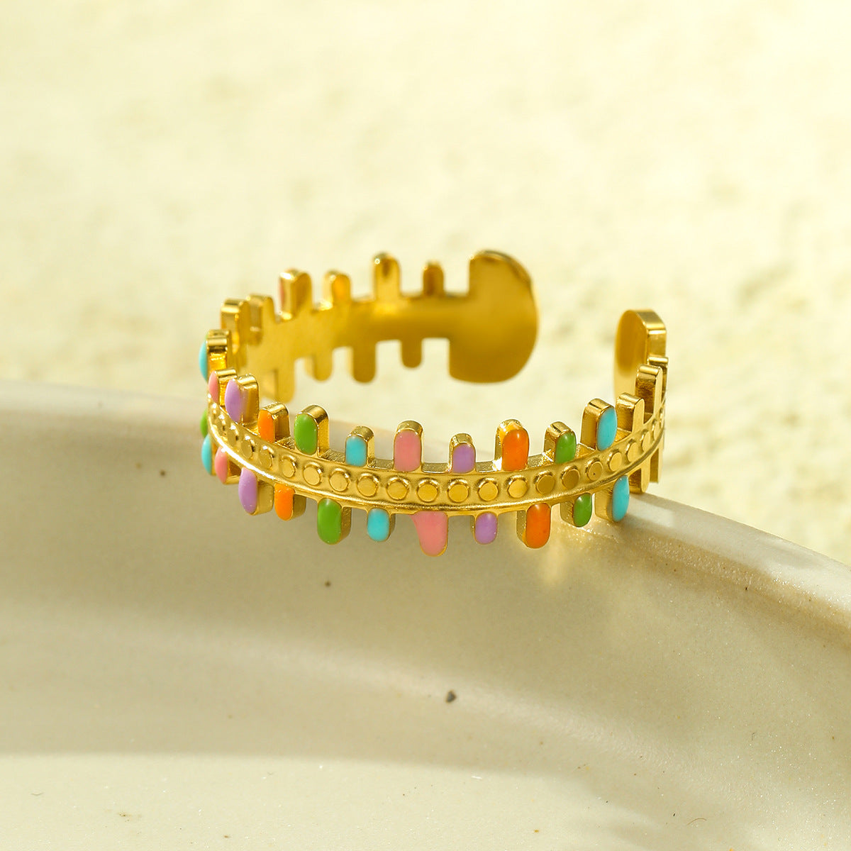 Anello da donna in acciaio al titanio con design geometrico di lusso, smalto a goccia e fascia regolabile aperta
