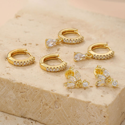 Juego de Pendientes Colgantes Geométricos Minimalistas con Base de Cobre Bañado en Oro, Incrustaciones de Circonia Cúbica y Postes de Plata 925 para Mujer