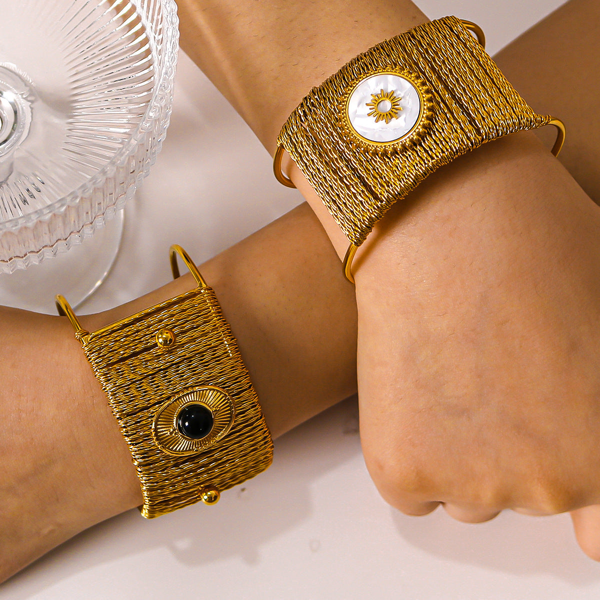 Minimalist Wide Cuff Bracelet in Titanium Steel with 18K Gold Plating and Natural Stone Inlay for Women