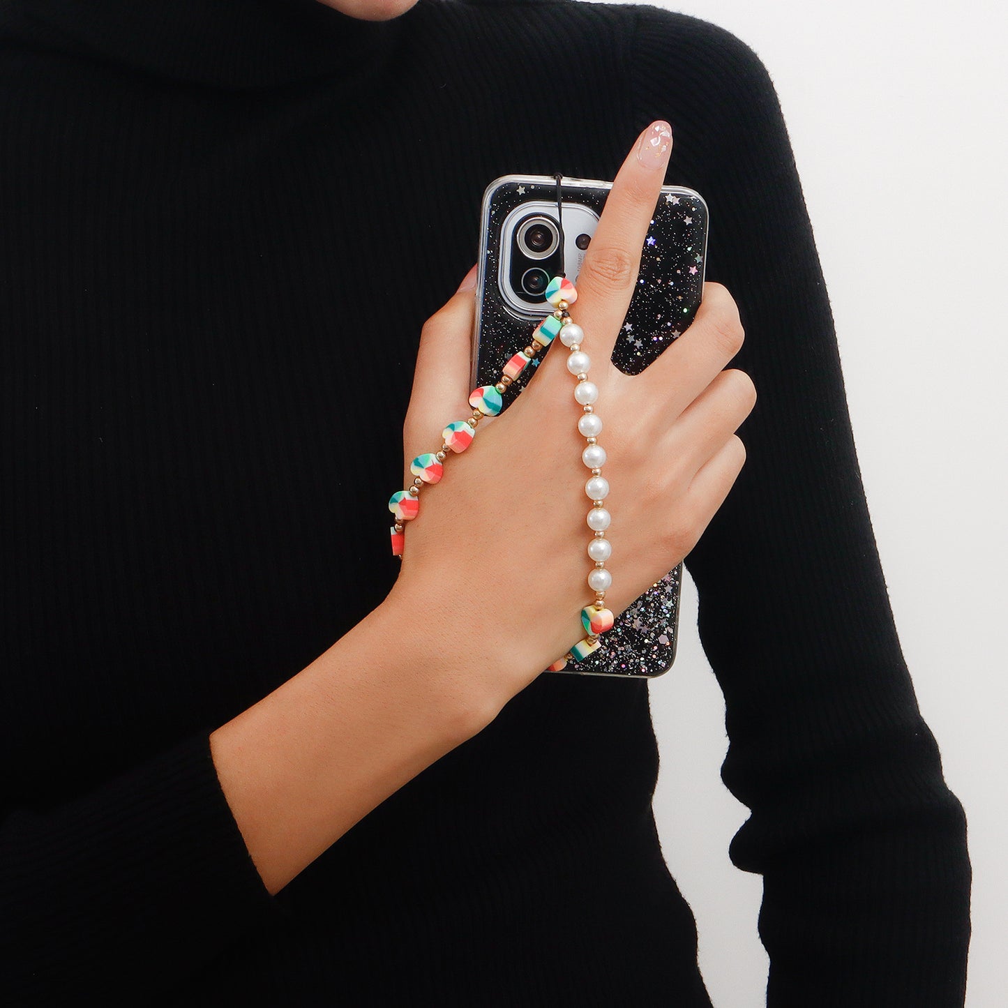 Sweet Minimalist Colorful Heart Alloy Plated Imitation Pearl Woven Phone Chain