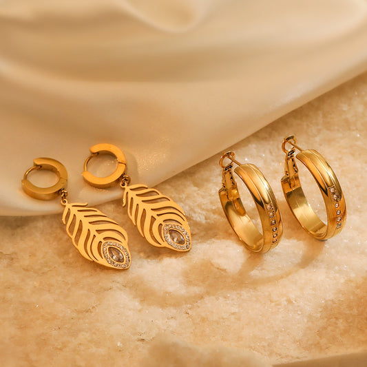 Vintage-Style Feather-Shaped Titanium Steel Earrings for Women with Real Gold Plating and Zircon Inlay