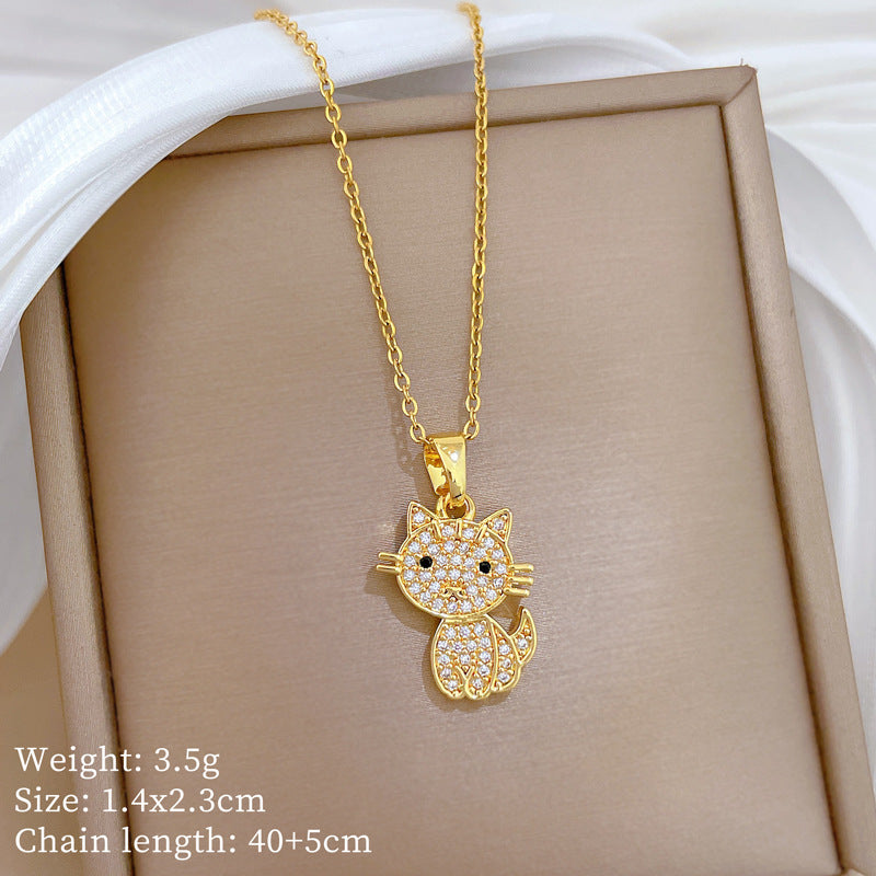 Sweet Cartoon Full Cubic Zirconia Cat and Moon Pendant Titanium Steel Necklace Set for Unisex