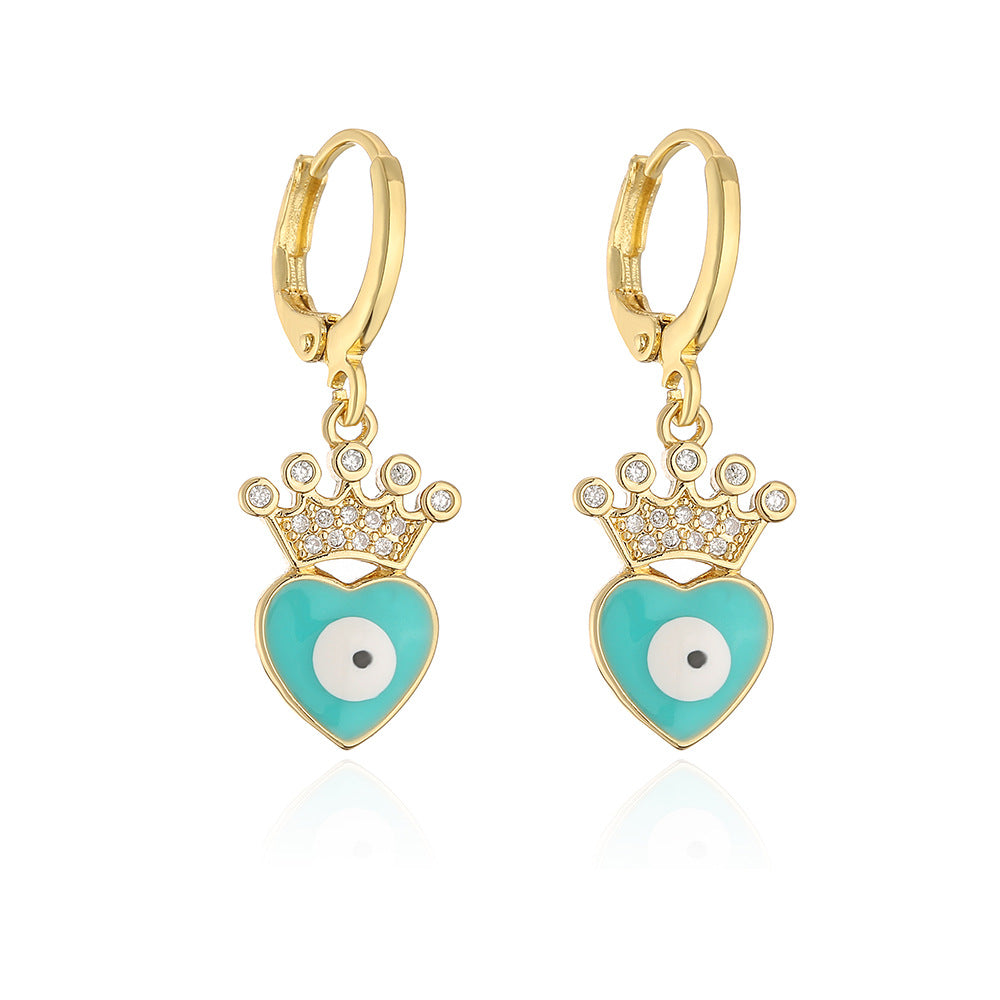 Elegant French-Style Geometric Eye and Heart Earrings for Women in Copper with Gold Plating and Enamel Finish