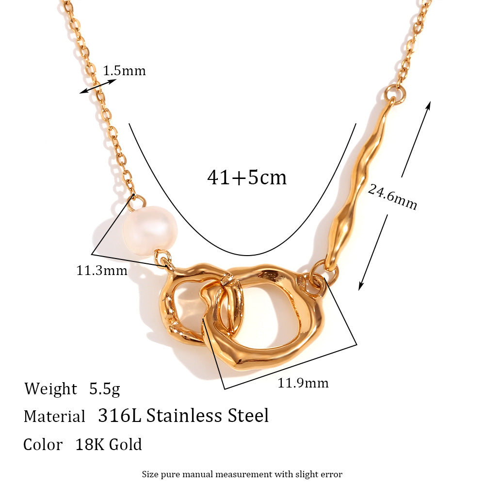 Collana a doppio cerchio con perle asimmetriche minimaliste da donna in acciaio inossidabile placcato oro 18 carati