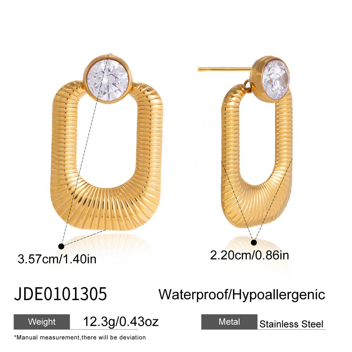 Elegant Minimalist Geometric Square Titanium Steel PVD Gold Plated Cubic Zirconia Stud Earrings for Women