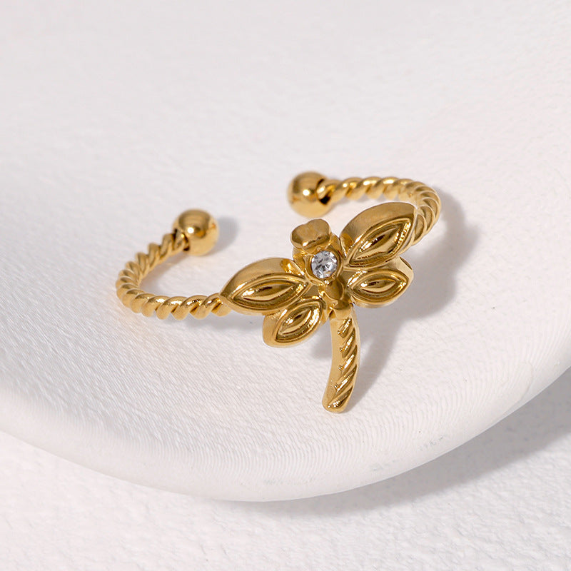 Anello da dito minimalista a forma di libellula in acciaio inossidabile con finitura placcata da donna