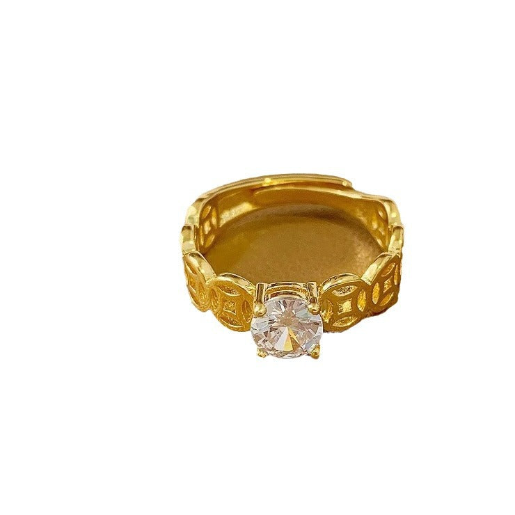 Minimalist Adjustable Copper Ring with Gold-Tone Plating and Simulated Cubic Zirconia Accent for Women