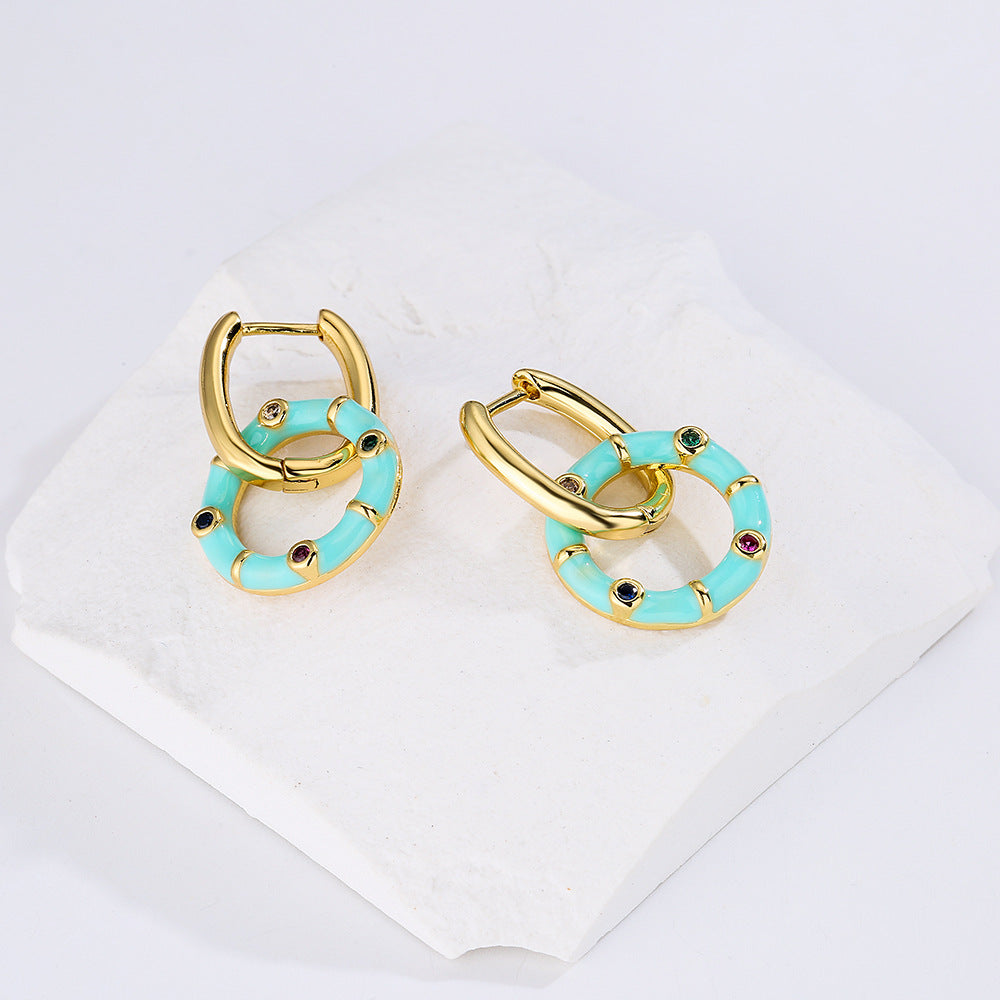 Orecchini Geometri Boho in Rame Placcati Oro 18K con Finitura a Smalto, Dettagli in Strass, Design Fresco e Carino