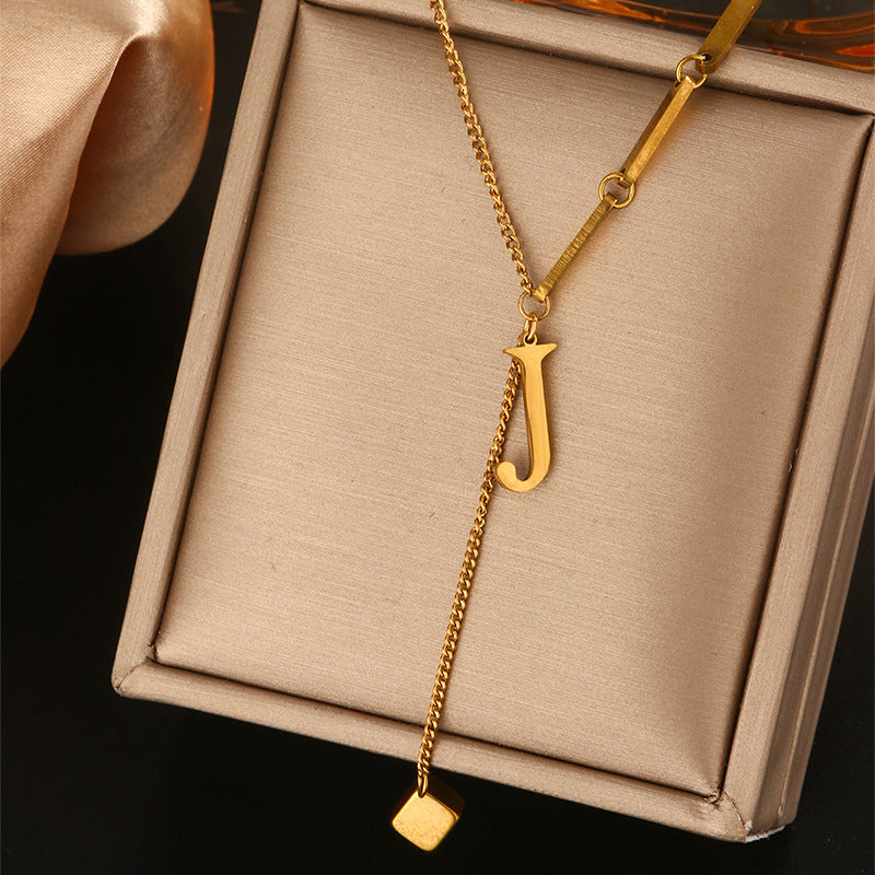 Minimalist Titanium Steel Letter Pendant Necklace with Tassel for Women