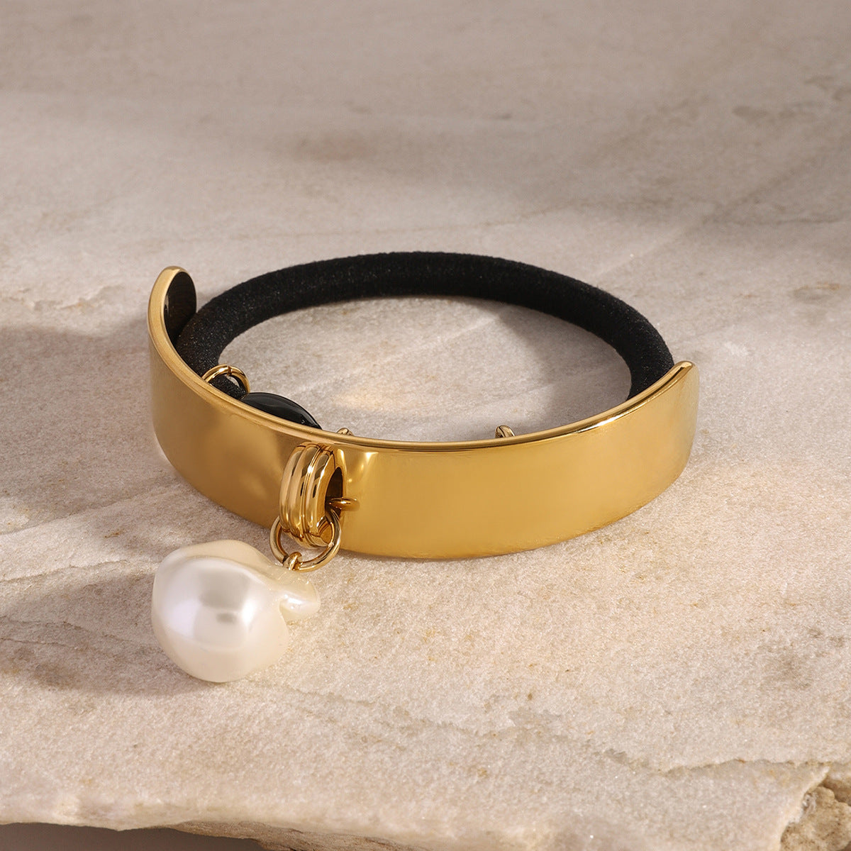 Sweet and Edgy Pearl Pendant Hair Tie with Electroplated Stainless Steel Band for Women