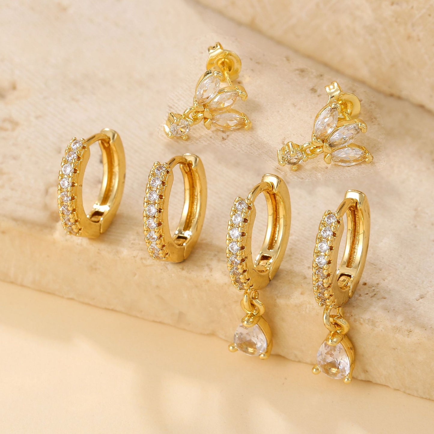 Minimalist Geometric Round Floral Brass Gold Plated Cubic Zirconia Earring Set for Women
