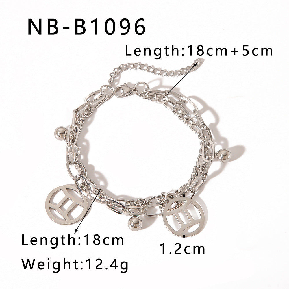 INS Style Zodiac Bracelet with Double Layer Cuban Link Chain Stainless Steel Pendant and 18K Vacuum Plated Finish