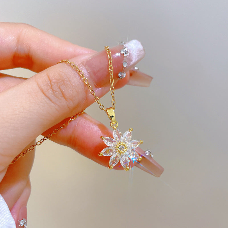 Sweet Minimalist Floral Rhinestone Pendant Titanium Steel Necklace for Unisex