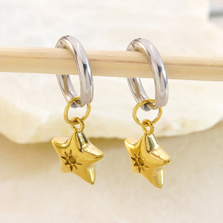 Graziosi orecchini a cuore, stella e quadrato geometrici placcati oro 18 carati in acciaio inossidabile bicolore