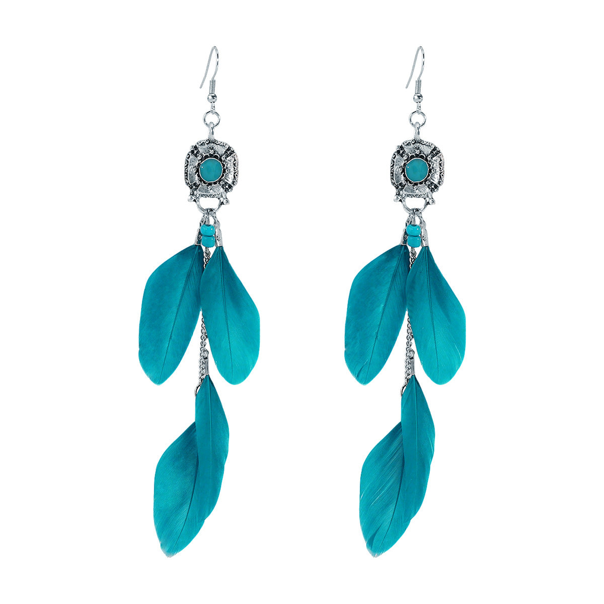 Bohemian Ethnic Vintage Feather Tassel Long Dangle Earrings in Zinc Alloy with Electroplated Finish for Women