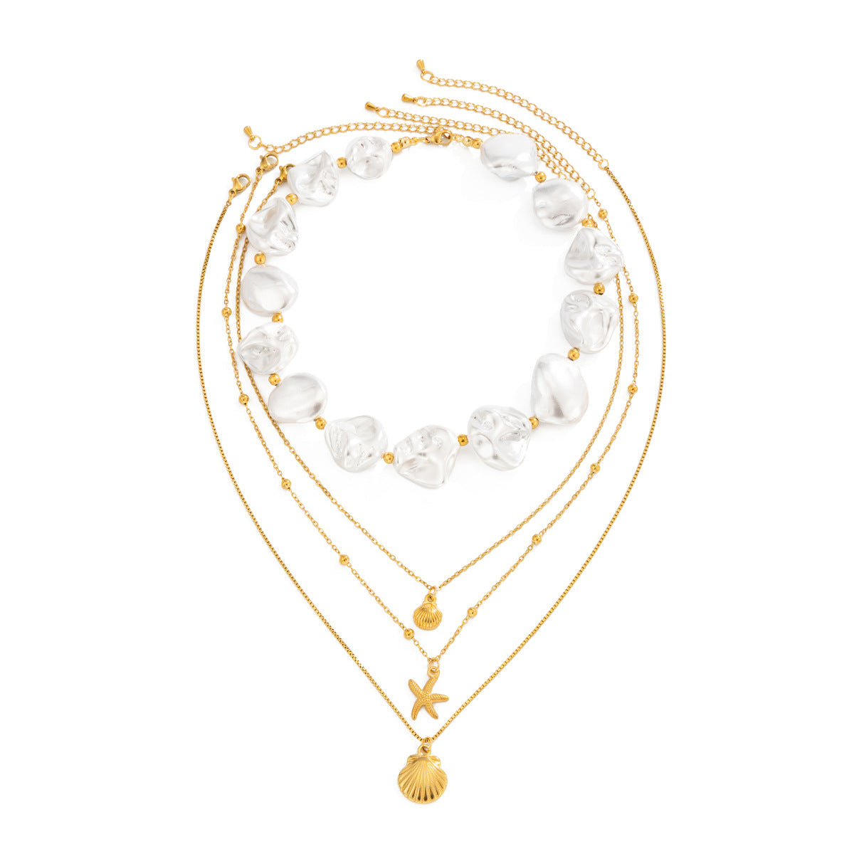 Sweet Stainless Steel Starfish Shell Pearl Pendant Necklace Plated Fine Chain Women's Jewelry