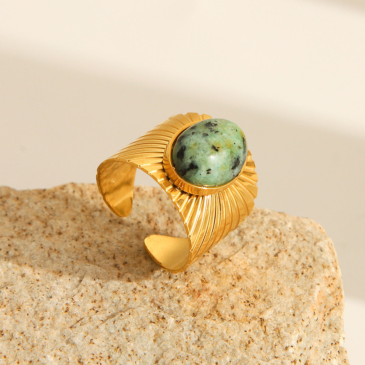 Vintage French Court Style Oval Turquoise Wide Band Open Ring for Women Made of Titanium Steel with Plated Finish