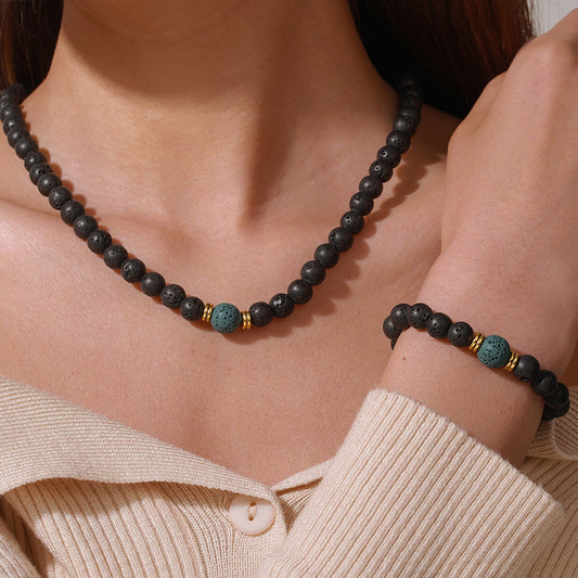 Vintage Casual Geometric Round Stone Beaded Necklace with Alloy Pendant Cable Chain for Women