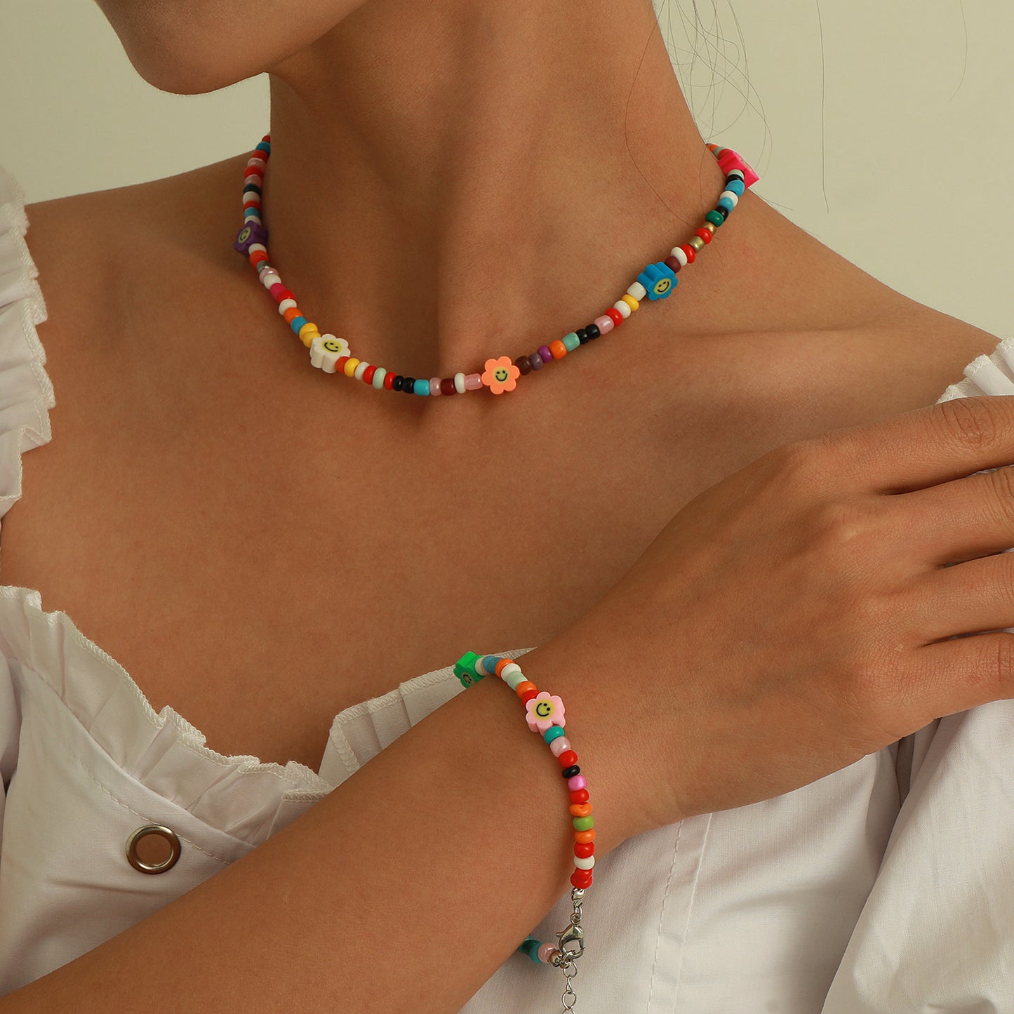 Casual Geometric Smiley Face Resin Seed Beads Necklace Set for Women
