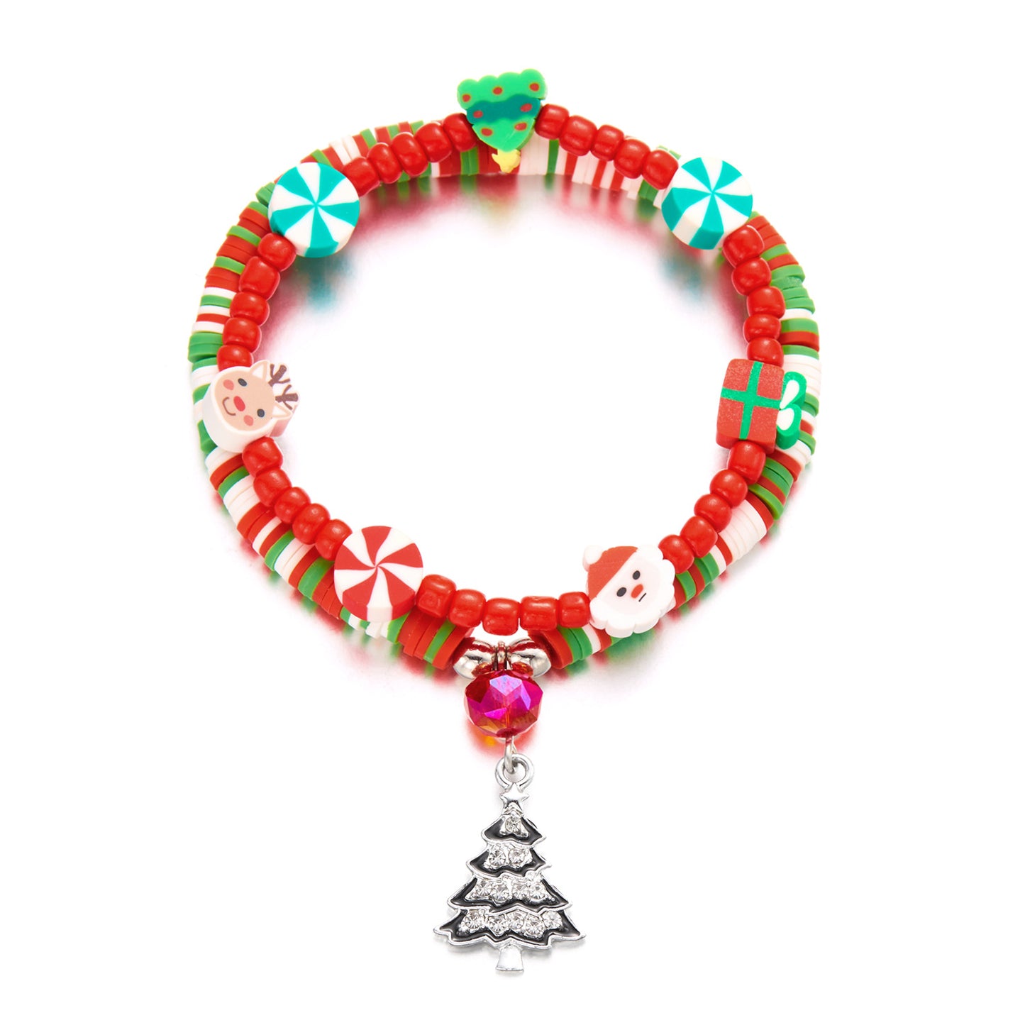 Set di Braccialetti di Natale Fatti a Mano con Perline e Personaggi dei Cartoni Animati per Donna, con Accenti in Cristallo, Vetro, Argilla Polimerica e Lega, e Motivi Festivi a Renna e Campanella