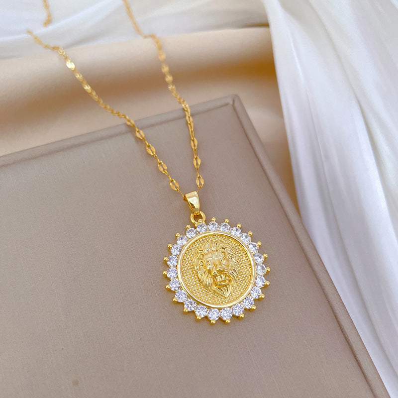 Minimalist Round Lion Head Pendant Necklace for Women and Men in Titanium Steel with Rhinestone Inlay on Snake Chain