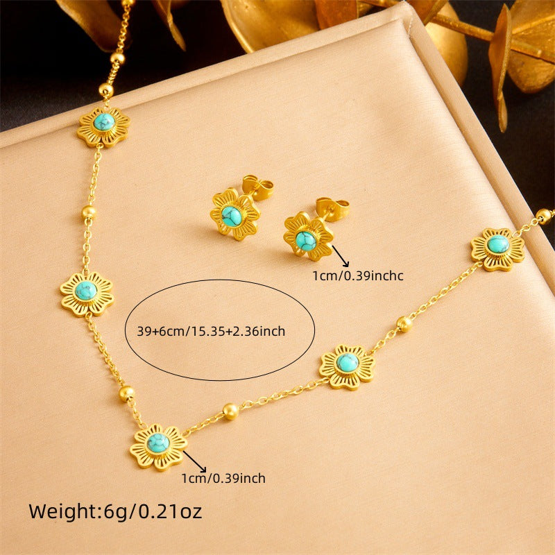 Vintage Gold Plated Stainless Steel Floral Turquoise Jewelry Set for Women