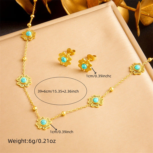 Vintage Gold Plated Stainless Steel Floral Turquoise Jewelry Set for Women
