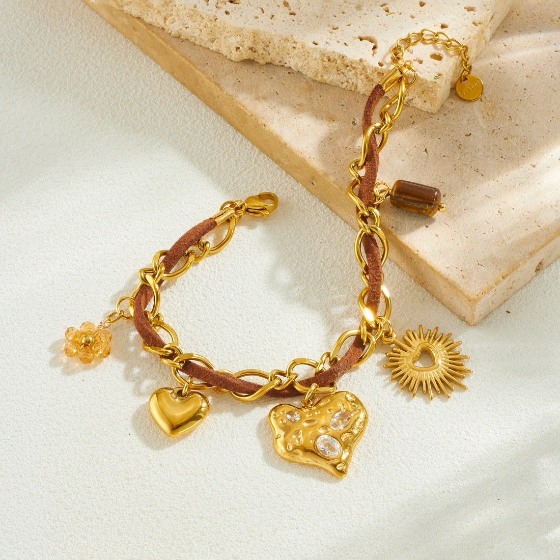 Vintage Gold Plated Stainless Steel Rhinestone Heart Flower Pendant Bracelet for Women