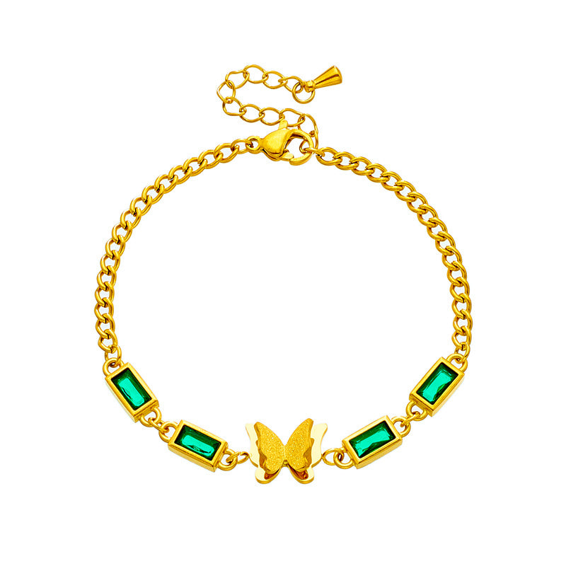 Bracciale vintage minimalista da donna in acciaio al titanio con farfalla quadrata e strass verdi