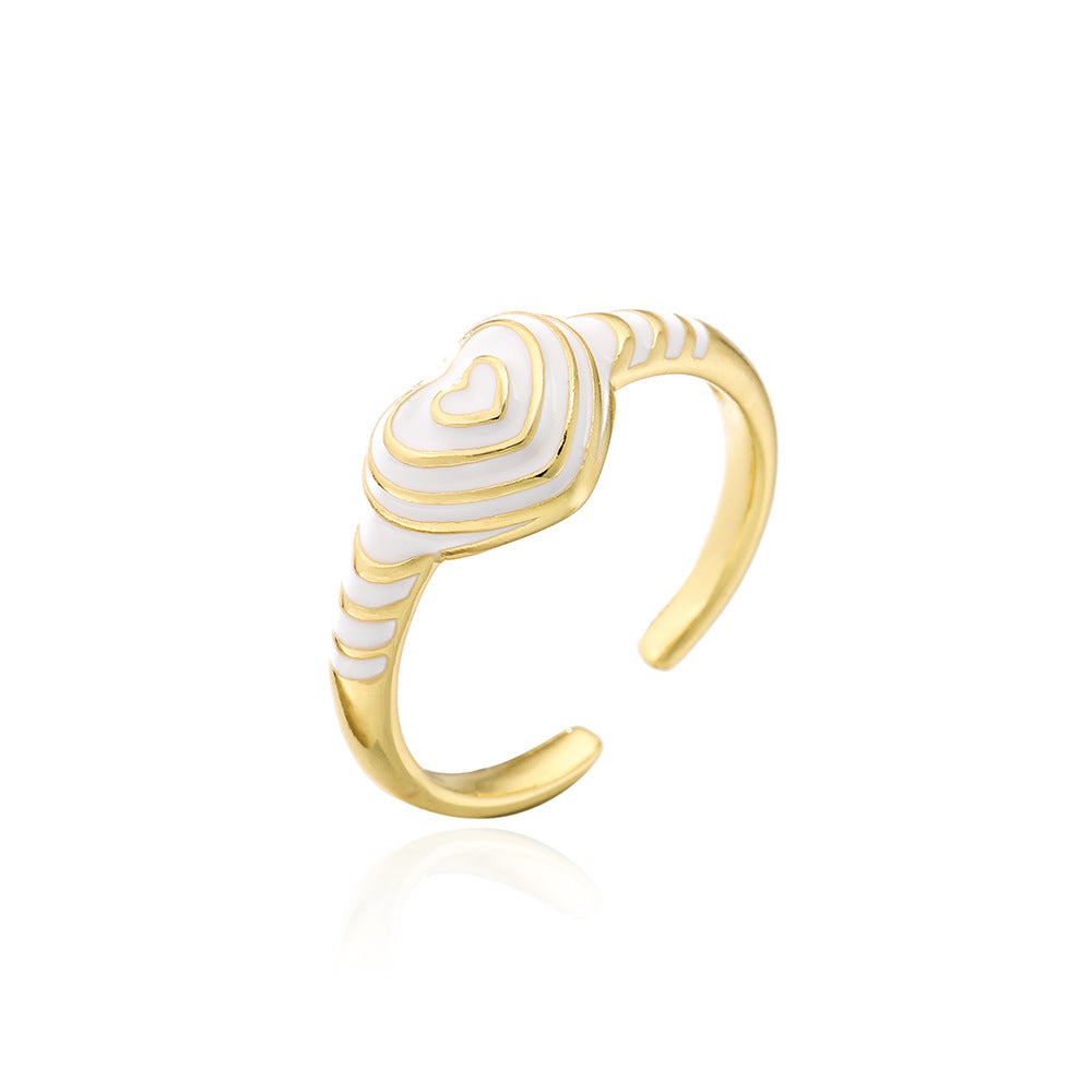 Anello a cuore aperto geometrico vintage da donna in rame placcato oro 18 carati e finitura smaltata