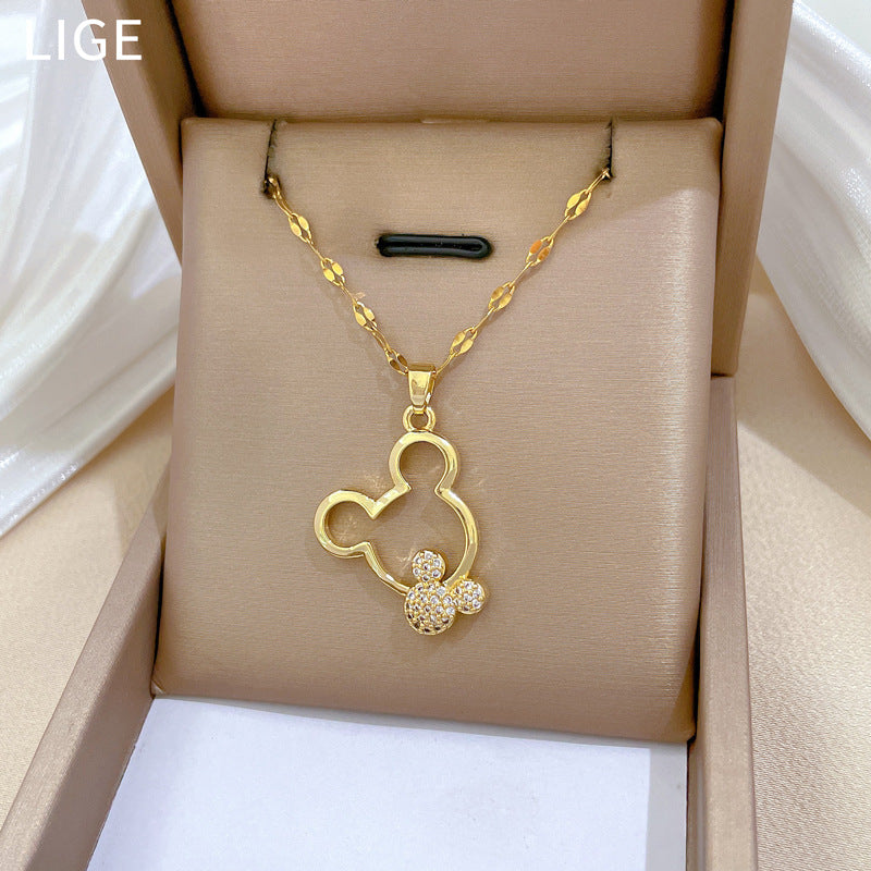 Collana con ciondolo di lusso Sweet Geometric Mickey per unisex, catena in acciaio al titanio con intarsio di strass
