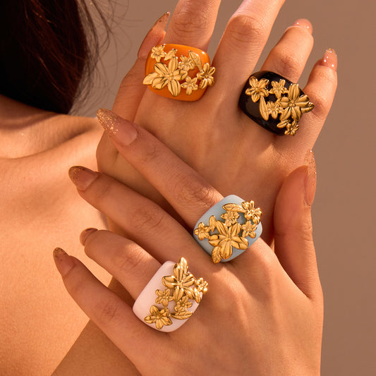 Luxury Floral Geometric Ring for Women Made of Stainless Steel with Plated Finish Versatile Fashion Accessory