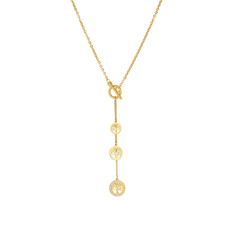 Collar con Colgante de Árbol de la Vida con Borla Estilo Vintage en Acero Titanio con Baño de Oro