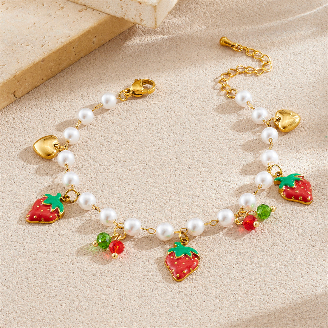 Sweet Gold Plated Drip Oil Fruit Pearl Bracelet with Strawberry Cherry Watermelon Charms