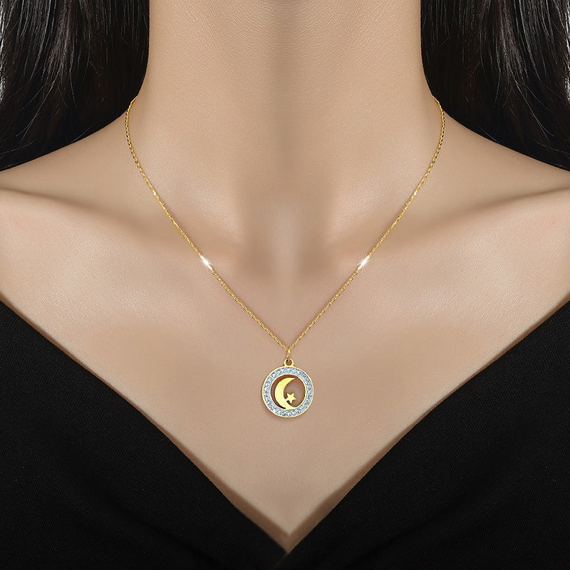Minimalist Geometric Star and Moon Pendant Necklace in Titanium Steel with Gold Plating for Women and Men