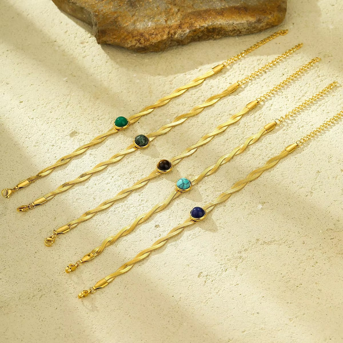 Fashionable OL Style Geometric Shape Stainless Steel Braided Snake Chain Bracelet with Turquoise Inlay and Titanium Steel Accents