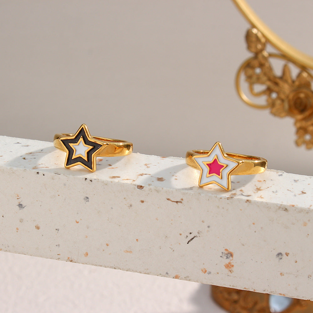 Minimalist Bohemian Star-Shaped Stainless Steel Ring for Women with Enamel Finish and Geometric Design