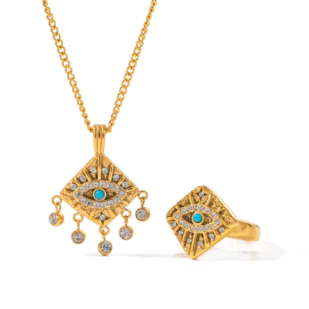 INS Style Geometric Evil Eye Square Pendant Ring in Stainless Steel with 18K Gold Plating and Zircon Inlay