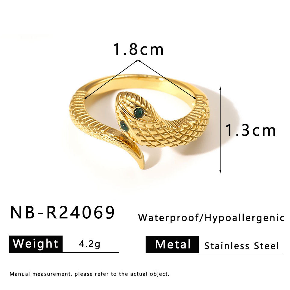 Anello da donna a forma di serpente geometrico con intarsio di zirconi e placcatura in oro su acciaio inossidabile