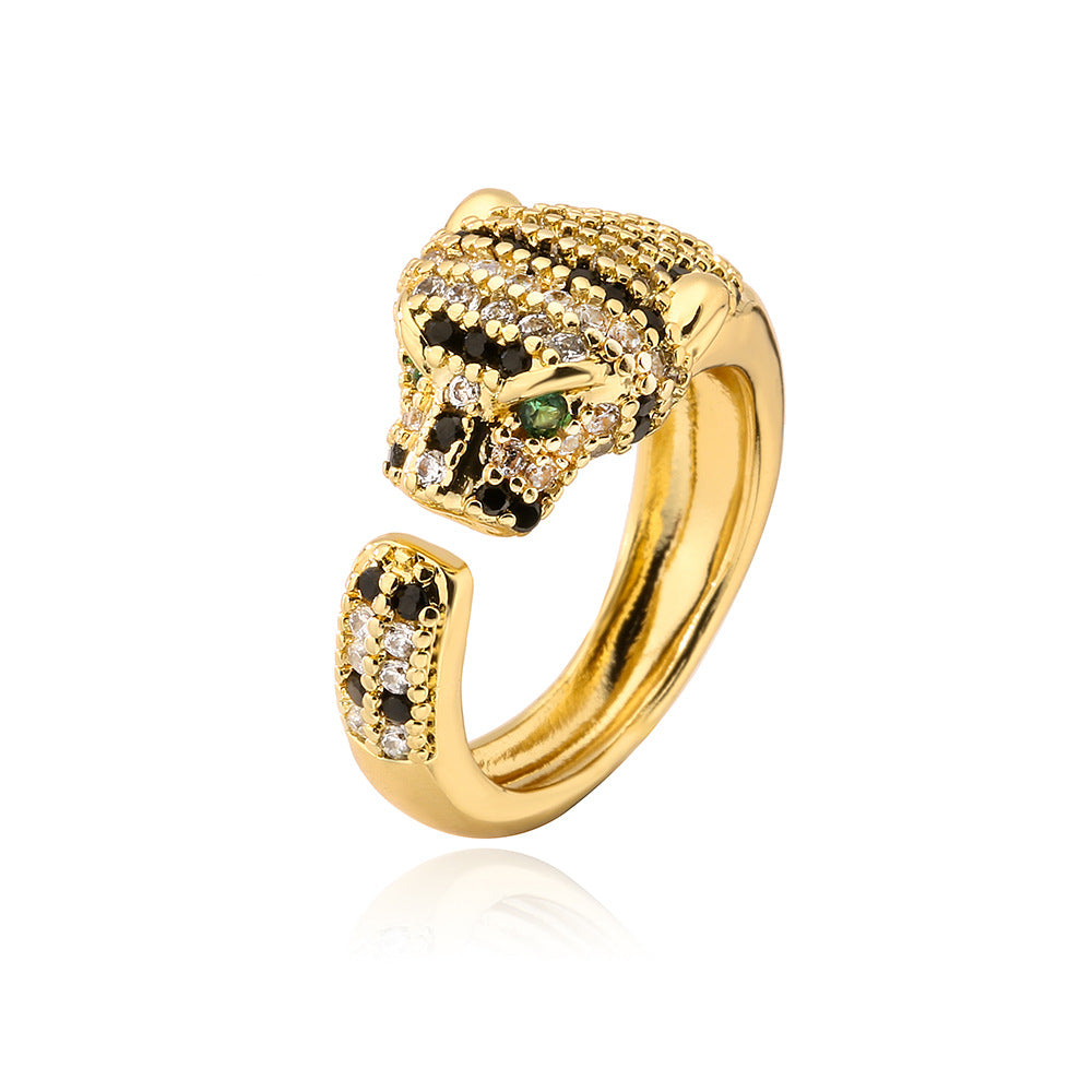 Anello aperto geometrico alla moda da donna con base in rame placcato in oro 18 carati e design a leopardo con zirconi micro-incastonati