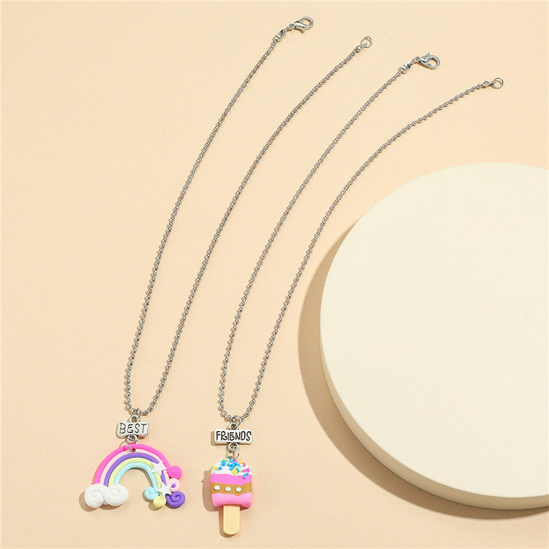 Collana con ciondolo a forma di gelato arcobaleno a cartoni animati per bambini, fatta a mano in argilla polimerica con catenina di perline