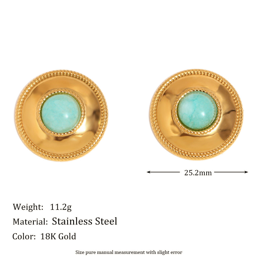 Orecchini a perno da donna in acciaio inossidabile placcato oro 18 carati con motivo geometrico francese vintage e amazzonite tonda