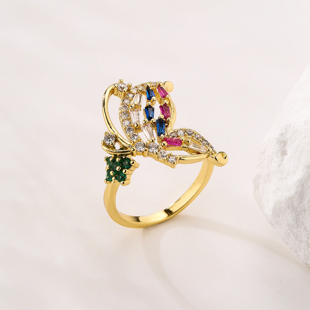 Fashion Minimalist Geometric Butterfly Leaf Floral Open Ring for Women in Brass with Real Gold Plating and Zircon Inlay